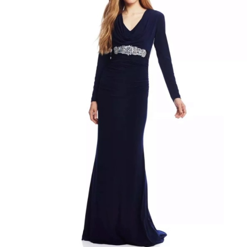 NEW Badgley Mischka Navy Jersey Knit Long Sleeve Dress